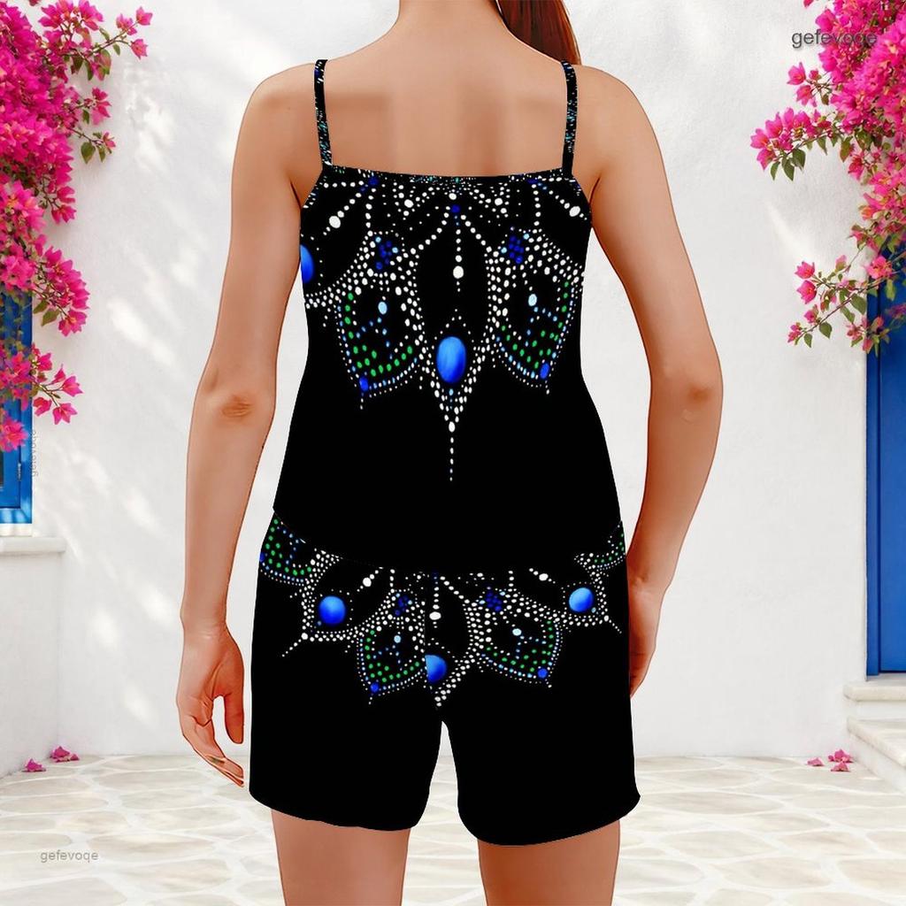 Women Plus Size Printed Scoop Neck Strappy Tank Top Shorts Two Piece Set