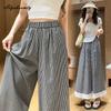 Japanese Mori Girl Spring Summer Women Wide Leg Pants High Waist Plaid Casual Loose Capris Lace Patchwork Baggy Ladies' Capris