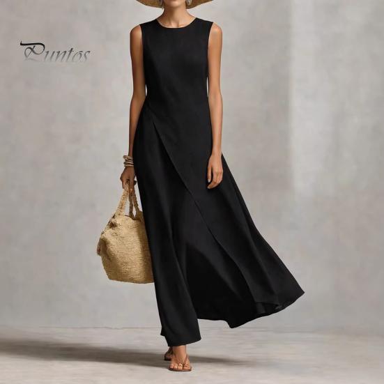 Solid Color Women Dress Women's Sleeveless Cotton Linen Dress, Casual Irregular Hem Crew Lightweight Summer Neck Long Loose Beach Vacation Sundress