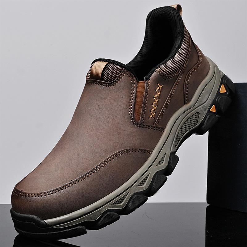 Men's Waterproof Slip On Faux Leather Hiking Shoes for Male Outdoor Non-Slip Walking Sneakers Casual Loafers Work Shoes Comfortable Short Boots