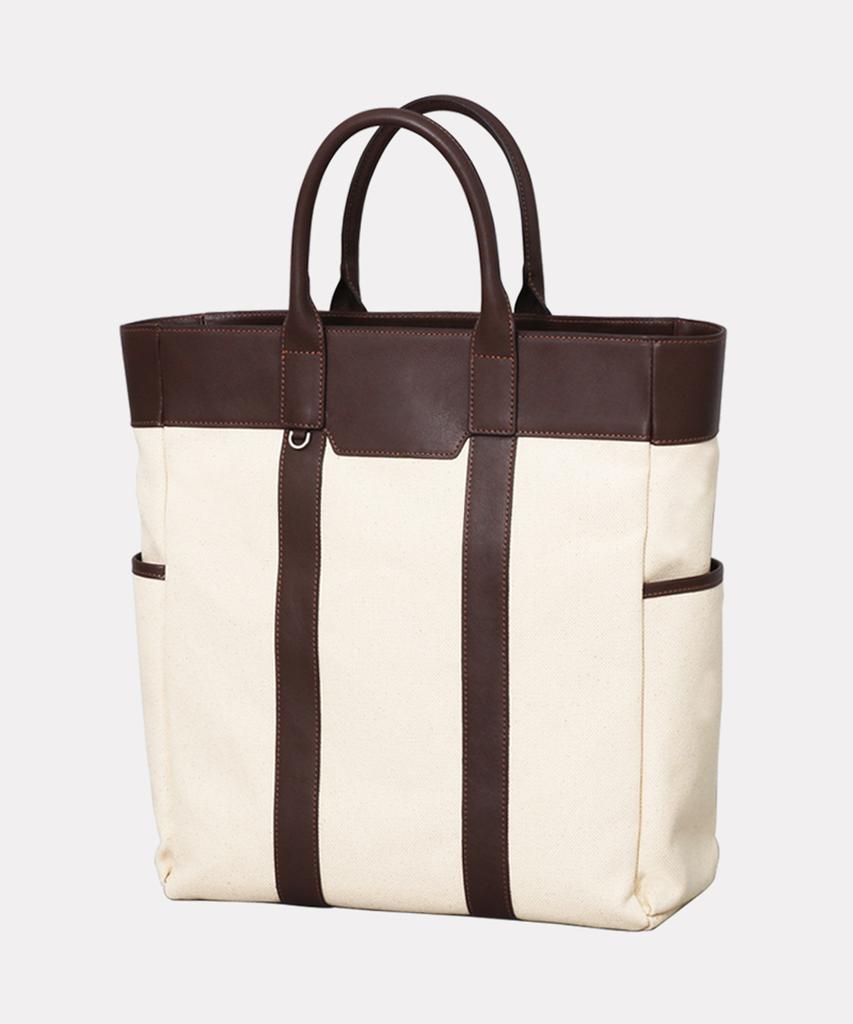Matt Double Pocket Canvas Leather Tote Bag (Ivory + Dark Brown)