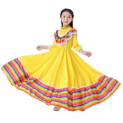 Traditional Mexican Girl's Ethnic Dance Costume with Big Skirt for Halloween and Children's Day