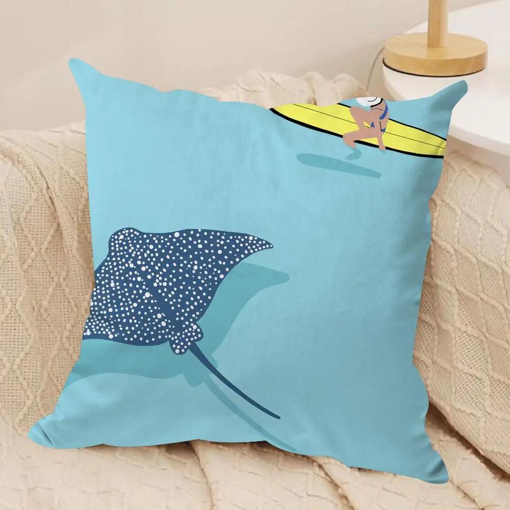 Marine Animals Summer Ins Cushion Cover Silky Short Plush Invisible Zipper Dustproof Sofa Pillow Case For Home Decor