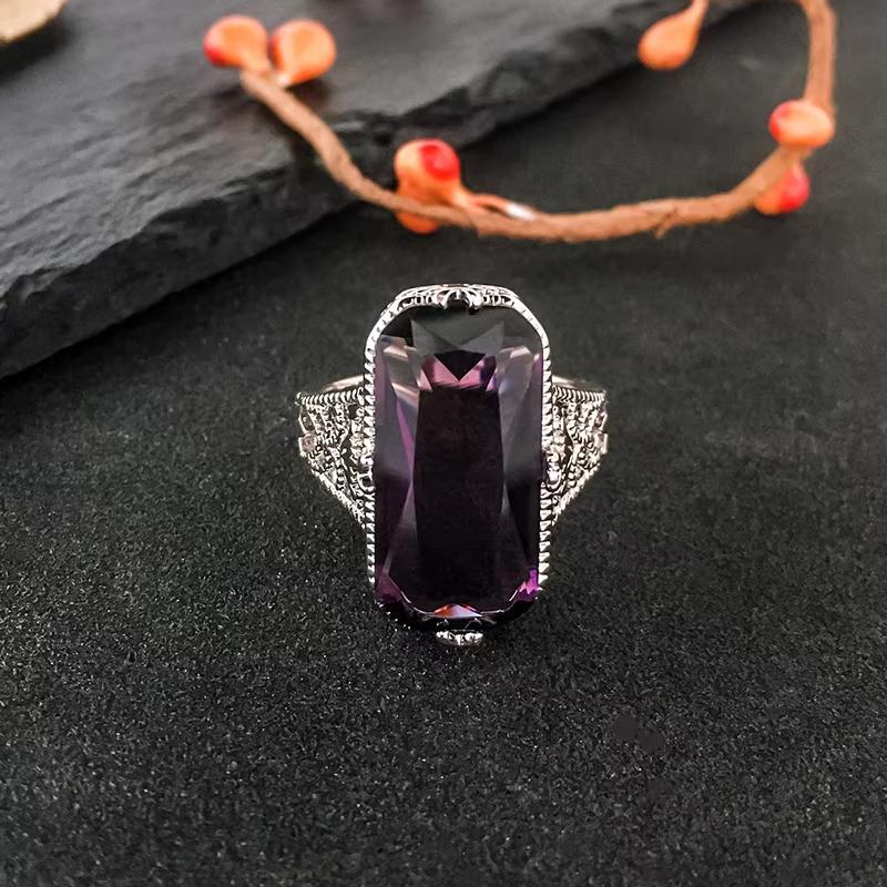 Huajie Geometric Cut Amethyst Zircon Women's Rings Elegant Hollow Carving Patterns Banquet New Ring  Trend Tide