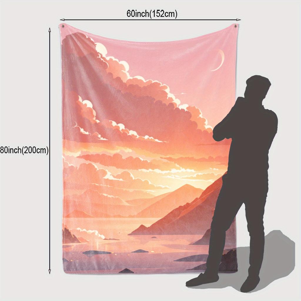 1pc Sunset Print Flannel Throw Blanket - Soft Polyester, Warm Orange & Pink Sky Landscape Design, Perfect for Home, Office, Beac