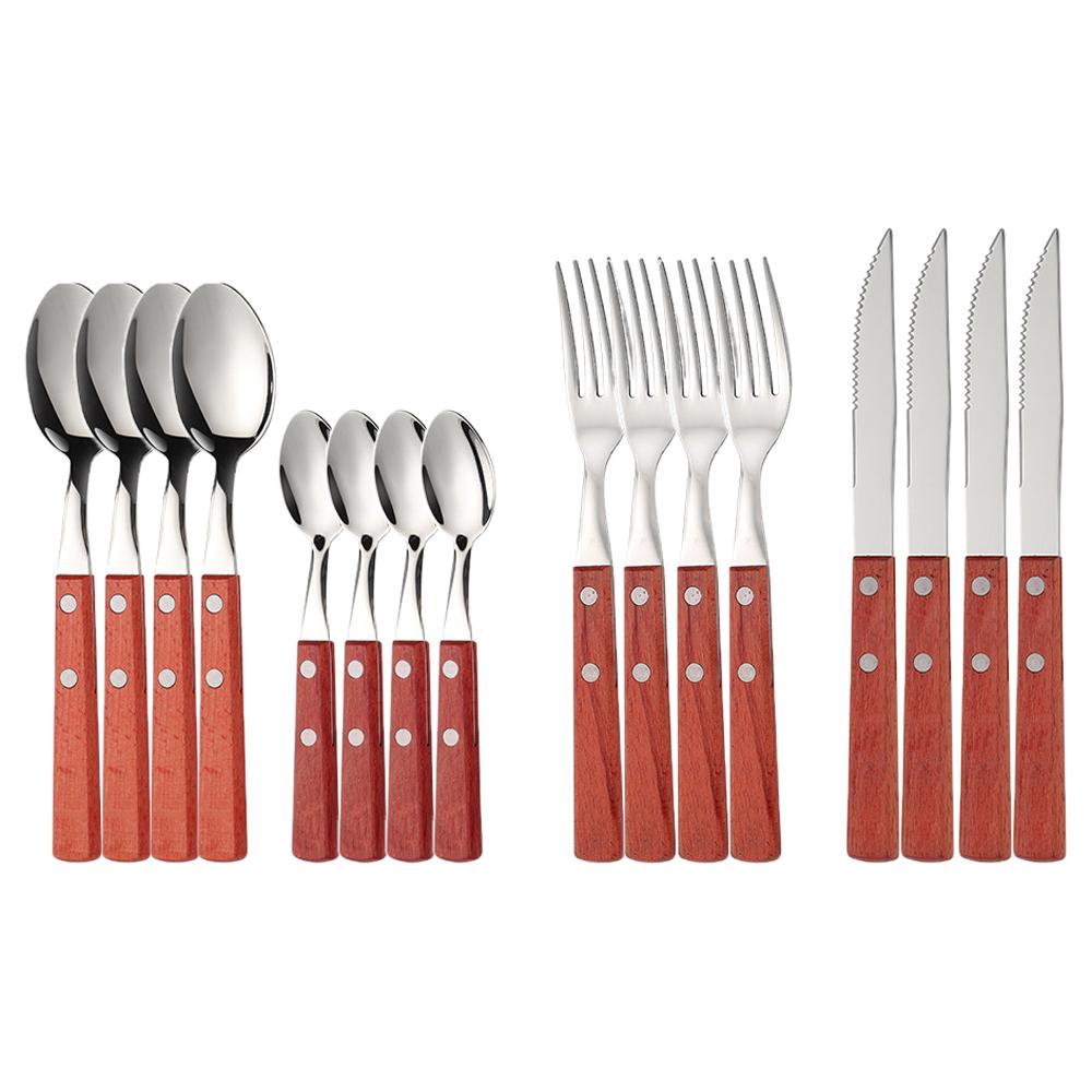 

16 шт. зеркальные столовые приборы из нержавеющей стали 304 с натуральной деревянной ручкой, портативные столовые ножи, вилки, чайные ложки, столовые приборы, кухонная утварь