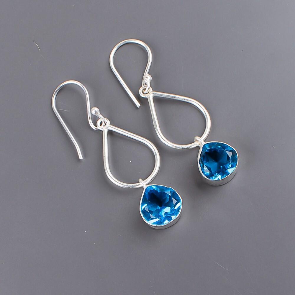 Swiss Blue Topaz Gemstone 925 Sterling Silver Jewelry Handmade Earrings 1.90" EE-19-7