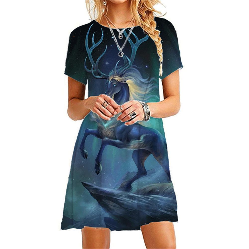 Damen Sommerkleider O-Ausschnitt Niedlich Cartoon Bedruckt Eng Kurz Sexy Kleid Lässig Paket Hüften Schlank Sommer Damenkleid Vestidos