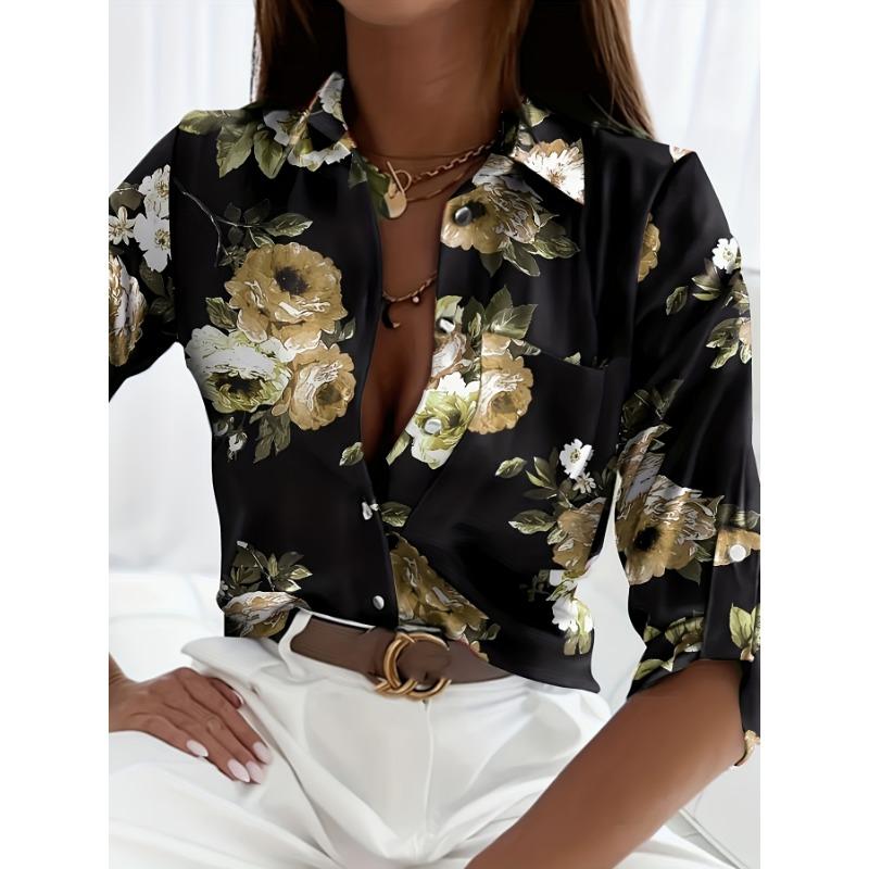 Fashion Women's Chain Flower Printed Shirt Women's Long Sleeve Tops Cotton Office Spring and Autumn Casual Loose Tops