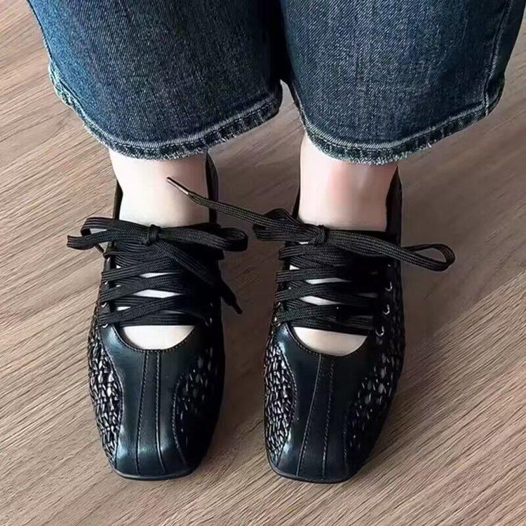 Cowhide Version~ Retro Woven Ballet Shoes Women's Fashion Woven Hollow Mary Jane Single Shoes Laugh Small Leather Shoes Women's Trend