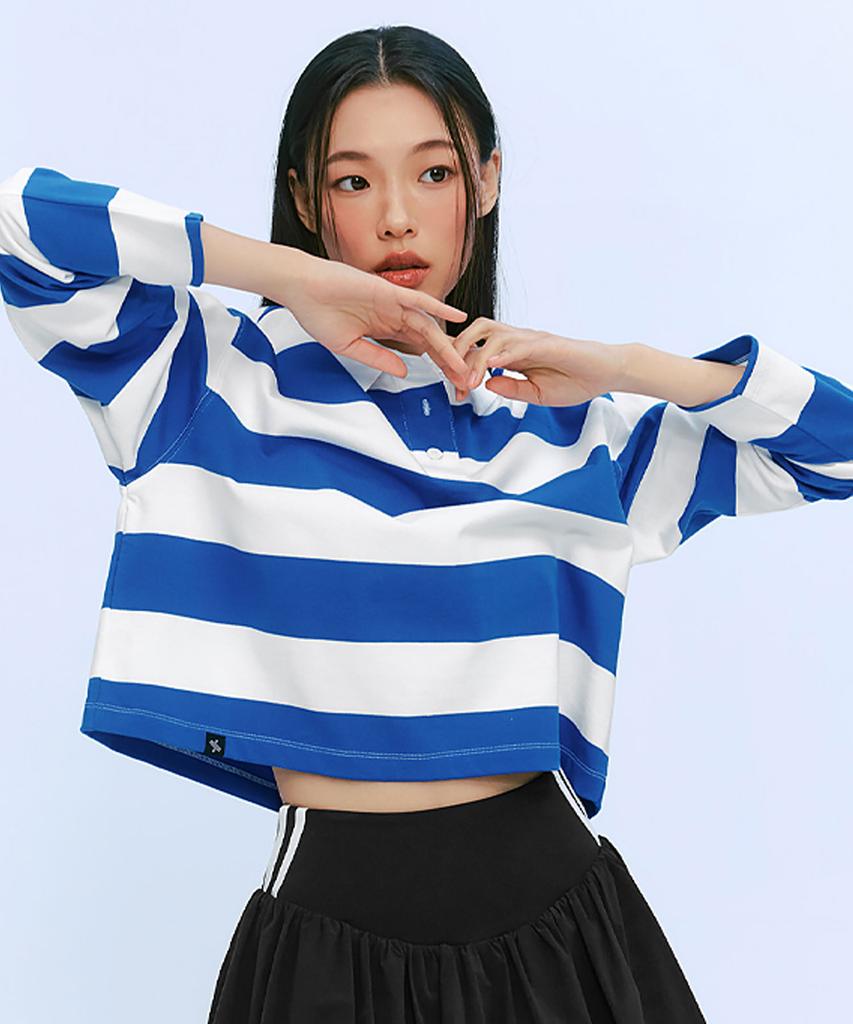 XEXYMIX Striped Oversized Cropped Long Sleeve French Blue Xfk1Ql1103