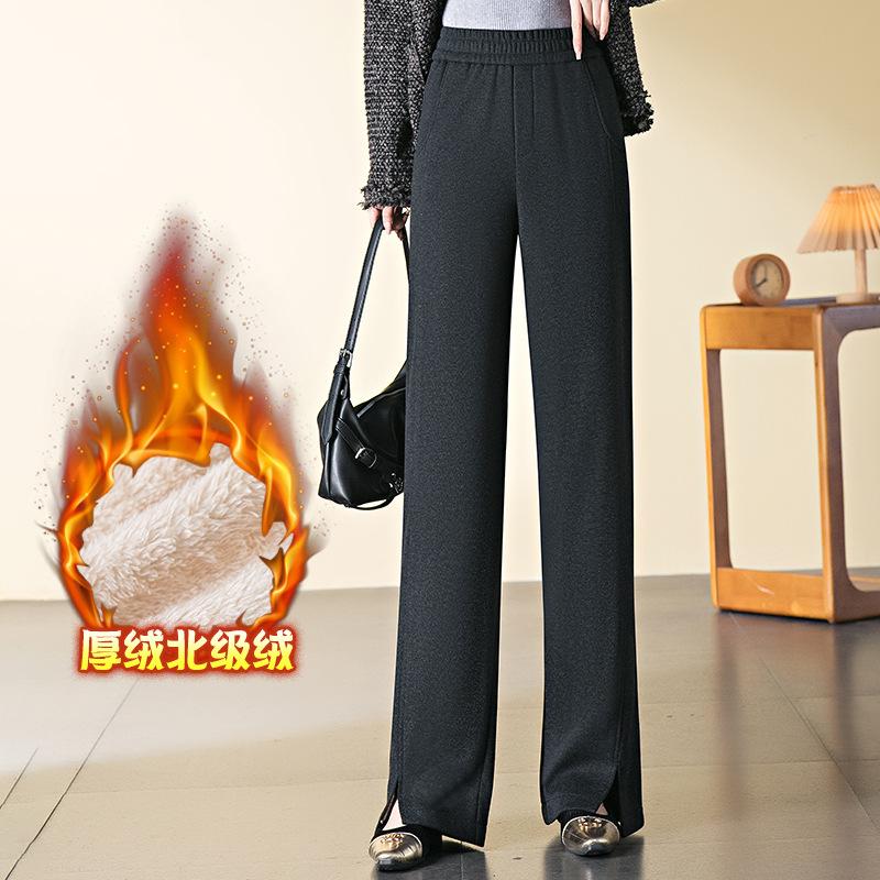 Wool Straight Narrow Wide-leg Pants Women's Fleece Thickened Winter New Thin Casual Elastic Waist Trousers