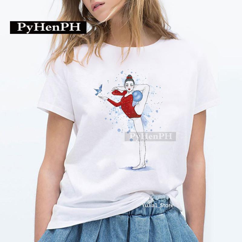 Elegant Ballet Print Short Sleeve T-shirt Women's Slim Fit Summer Top Modal Fabric Student Girl Fashion Polyester