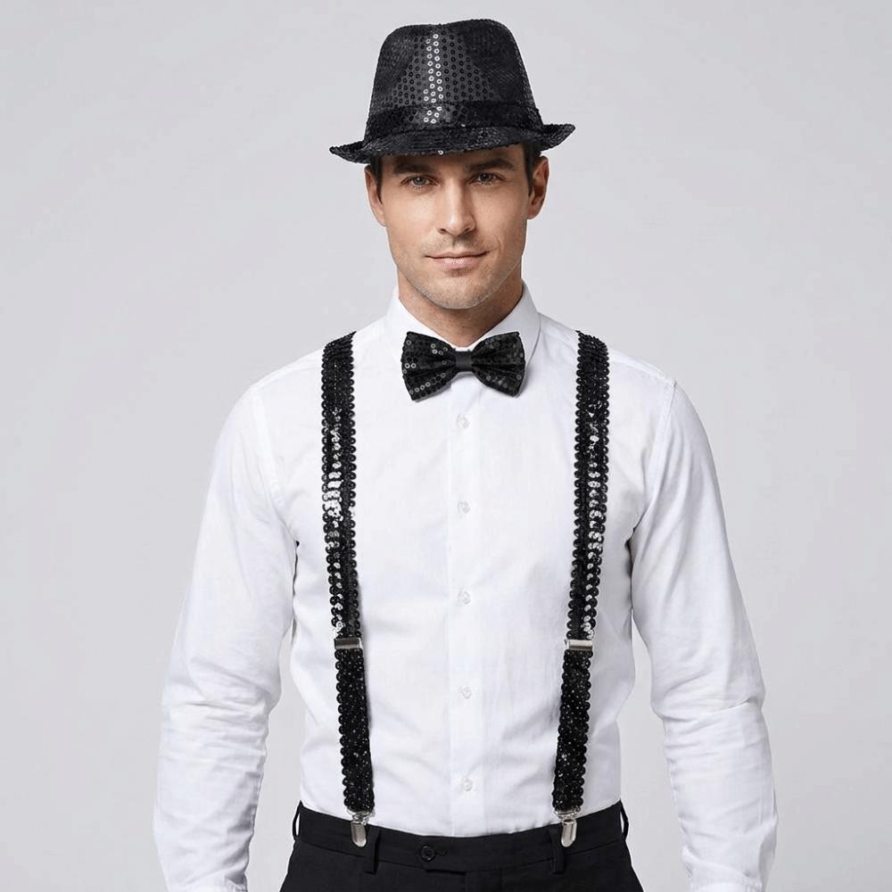 Performance Sequined Hat Solid Color Suspenders Fashion Performance Props Set  Christmas