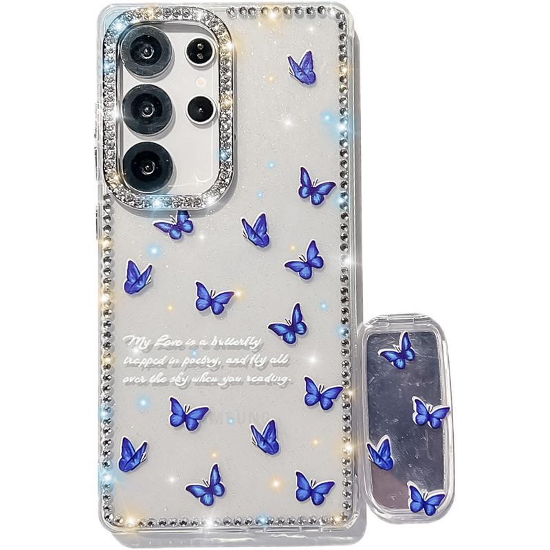 The Flash Diamond Frame Is Suitable for Samsung S25Ultra Mobile Phone Case, Painted Flower Butterfly Mirror Holder, New A56 Case.