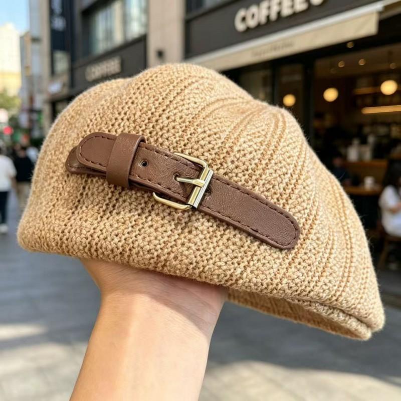 Vintage British Style Knit Beret Cap Women - Versatile Artistic Painter Hat With Belt Detail