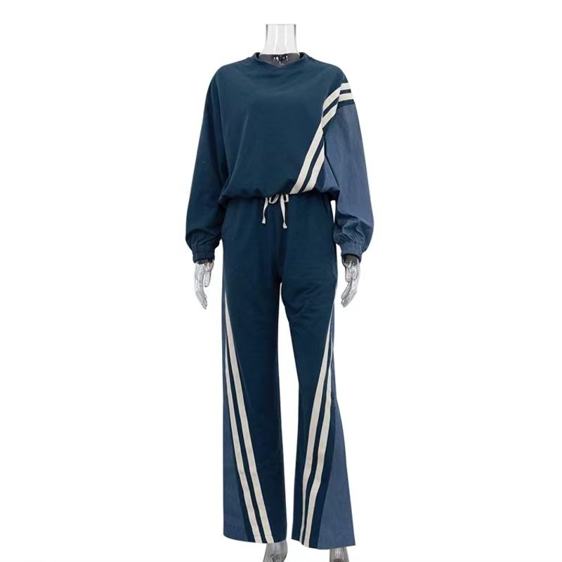 

Western Style Contrast Color Stripe Hoodie Drawstring Trousers Sports Set Striped Top and Pants Set Blue L