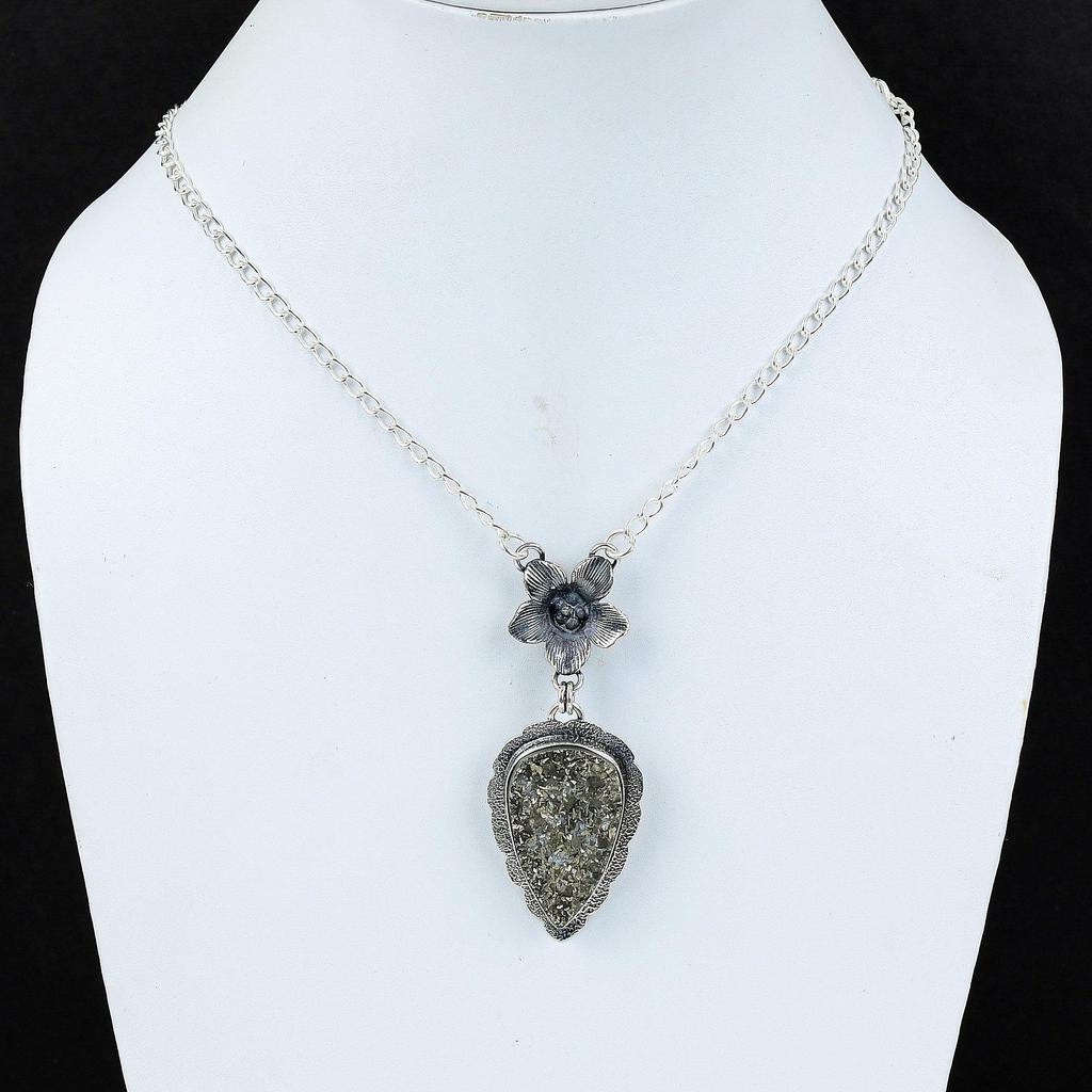 Natural Pyrite Druzy Gemstone Handmade 925 Sterling Silver Electroform Flower Necklace, Pyrite Druzy Silver For Wife Unisex Pendant Birthday Gifts