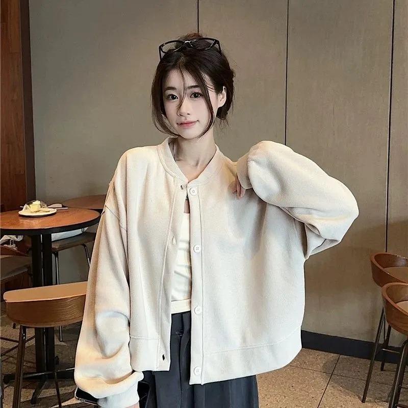 Korean Fashion Versatile Baseball Uniform Sweatshirt Jacket for Women Spring and Autumn Loose Stand-up Collar Cardigan Top