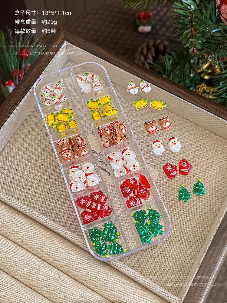 12 Grids Cartoon Christmas 3D Manicure Decoration Mixed Resin Snowman/Santa Claus/Elk/bell Nail Charms DIY Nail Art Rhinestones