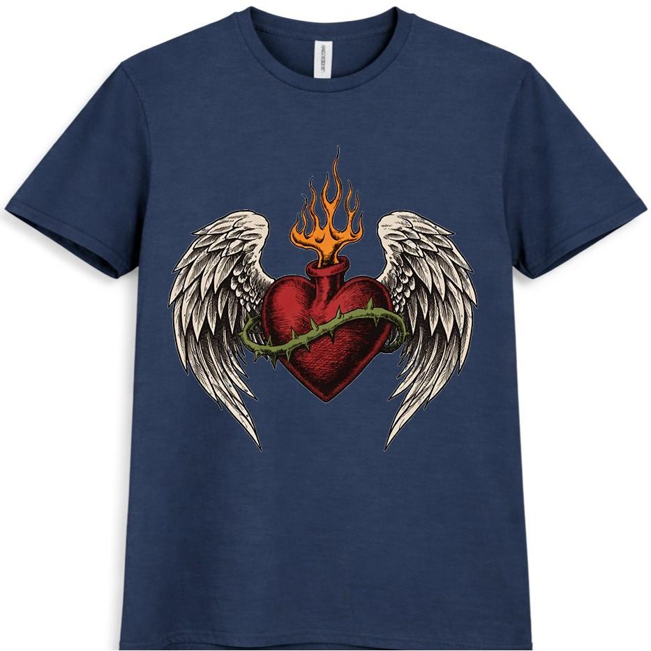 Flaming Heart T Shirt Angel Wings Tattoo Style Biker Gothic Graphic Tee