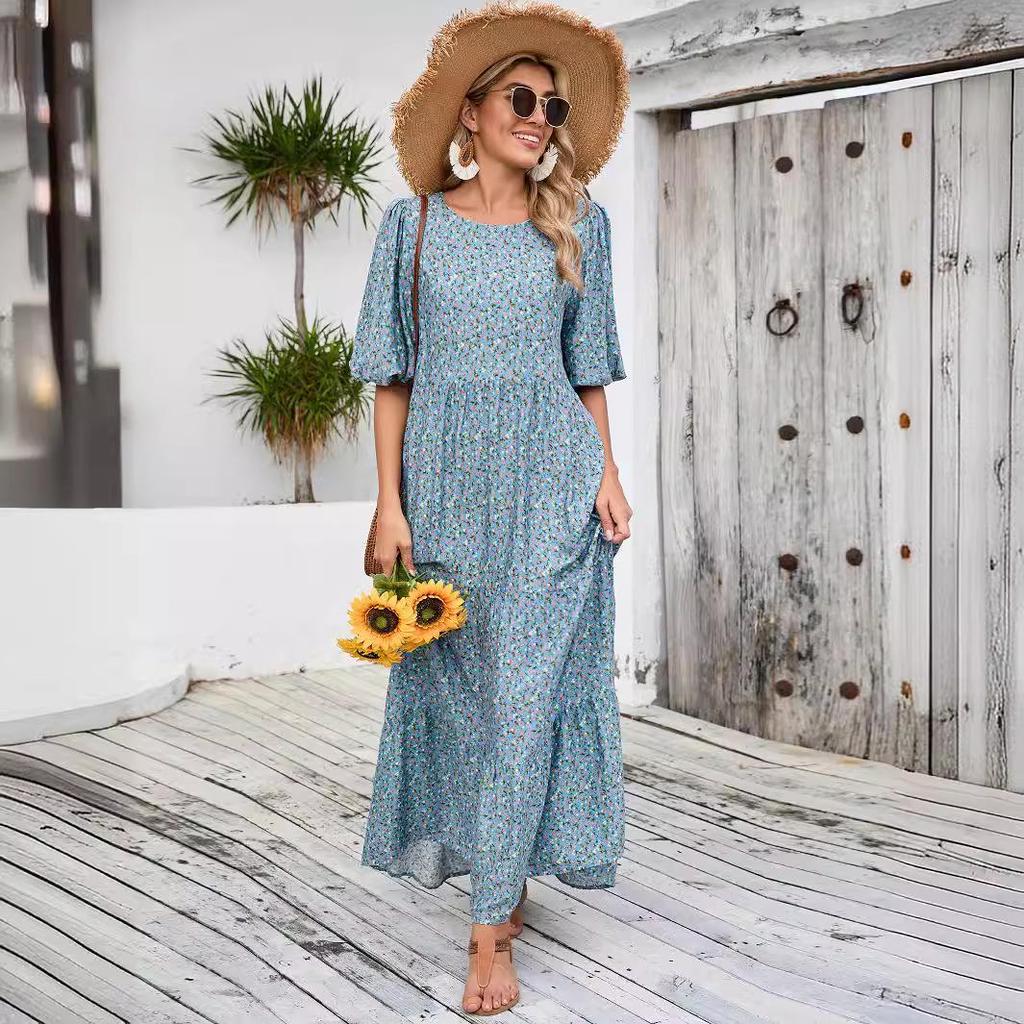 2024 Plus Size Floral Retro Casual Dress - Loose Round Neck Robe for Europe, America & Middle East