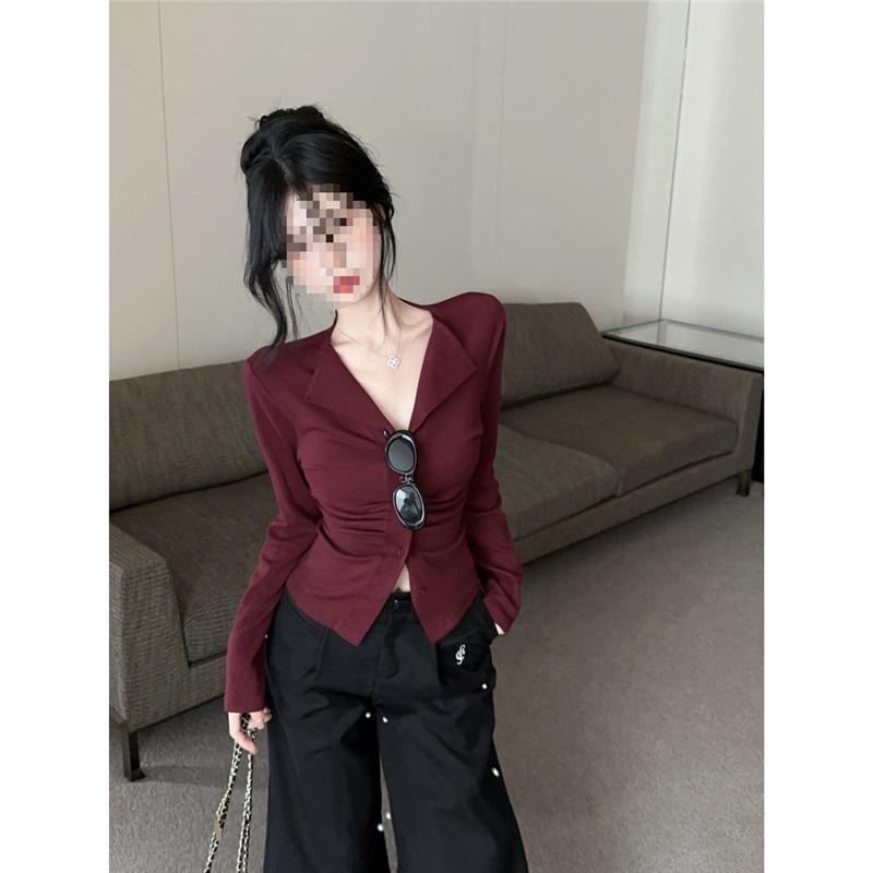 

Топ винного цвета облегающего кроя в корейском стиле с V-образным вырезом и длинным рукавом для женщин Small вино красного