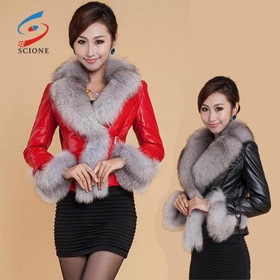 Faux Fox Pelz Kragen Leder Slim PU Leder Frauen Plus Baumwolle Jacke Mode Kurze Leder