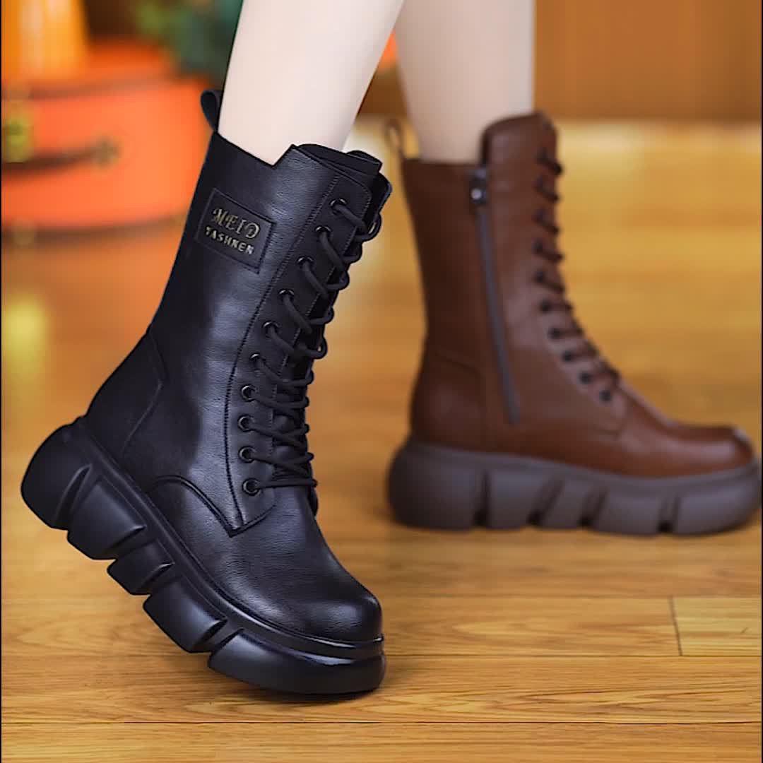 

Женские винтажные кожаные ботильоны в британском стиле 2025 года - Толстая подошва, на флисовой подкладке, до середины икры, увеличивающие рост 34