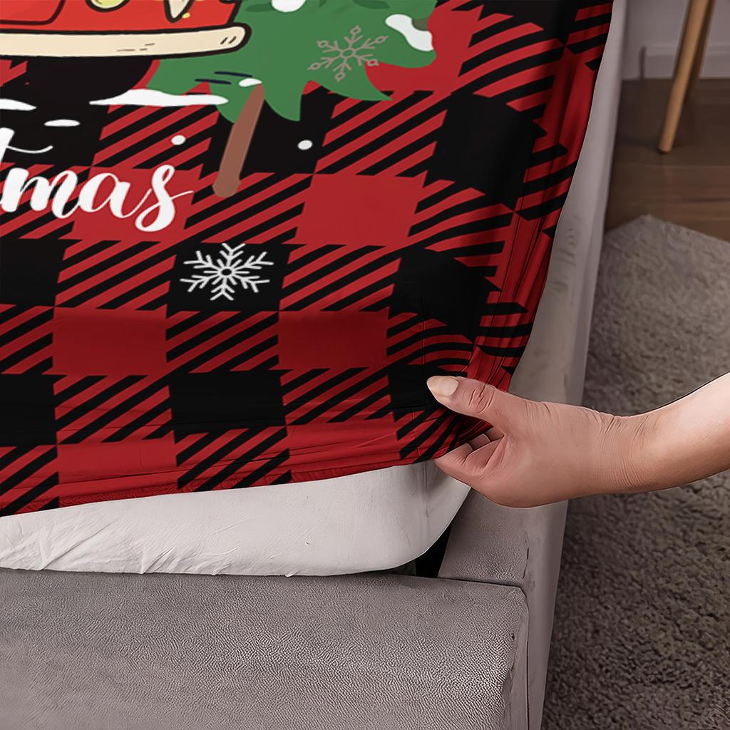 3pcs red checkered Christmas truck print coreless bed sheet set multi size bedcover bedroom bedding decoration machine washable