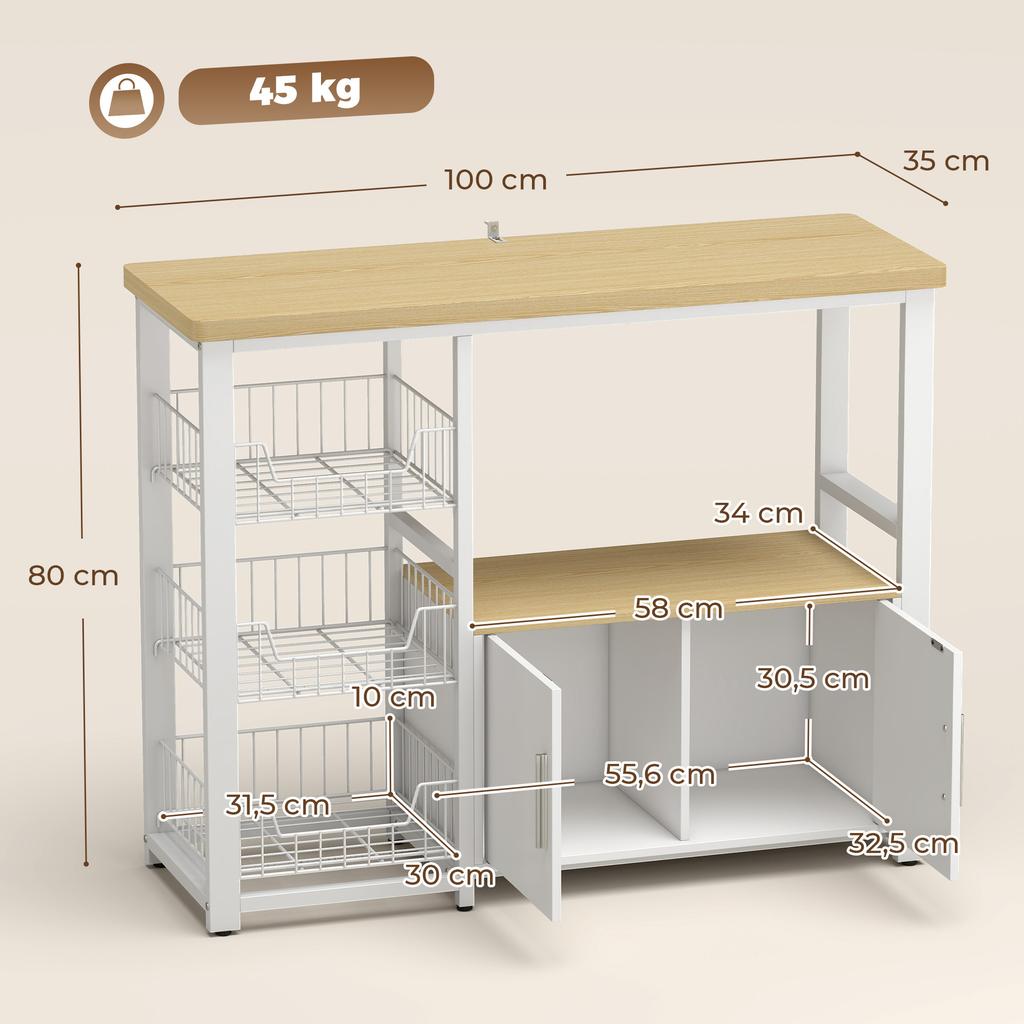 Kitchen storage shelf with sliding baskets and cabinet, microwave stand, 100 x 35 x 80 cm, white