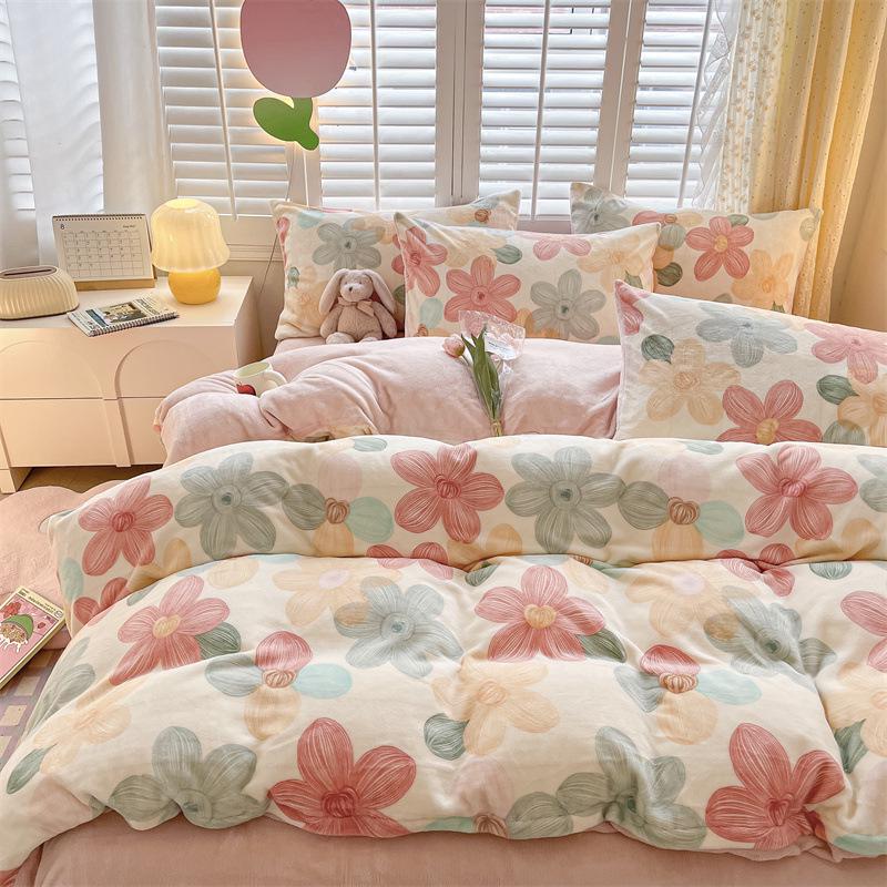 2025 Winter Milk Velvet Bedding Set: Fresh Coral Fleece & Flannel Duvet, Bed Sheet, Pillowcase
