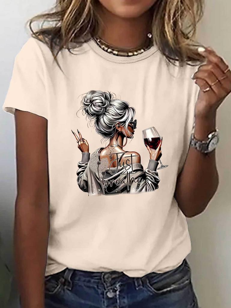 Women's Tops Girls' Wine Glass Graphics Print Summer Short Sleeved T-Shirt Minimalist Solid Color Casual Tees Clothing Female