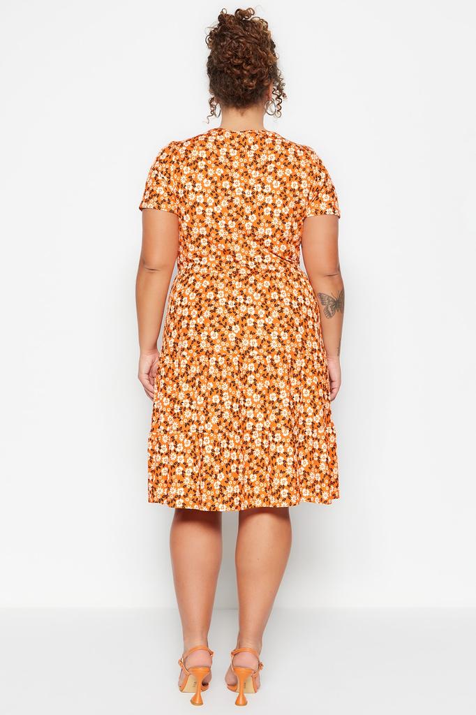 Damenmode Neues Plus-Big-Size-Kleid Grünes Strickkleid mit V-Ausschnitt und Blumenmuster