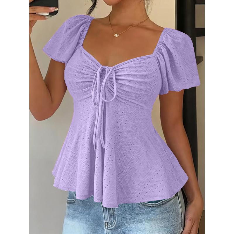 2026 Summer New V-neck Drawstring Tie Sexy Short Sleeve Solid Color Women's T-shirt