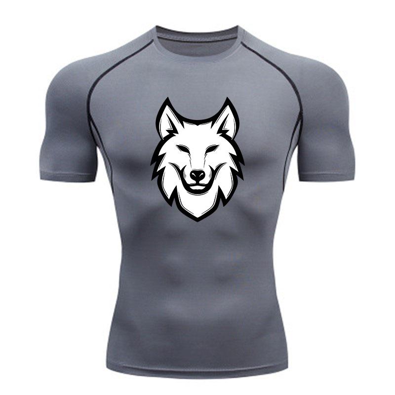 Men's Compression Workout T-Shirt, White Smiling Wolf Head G