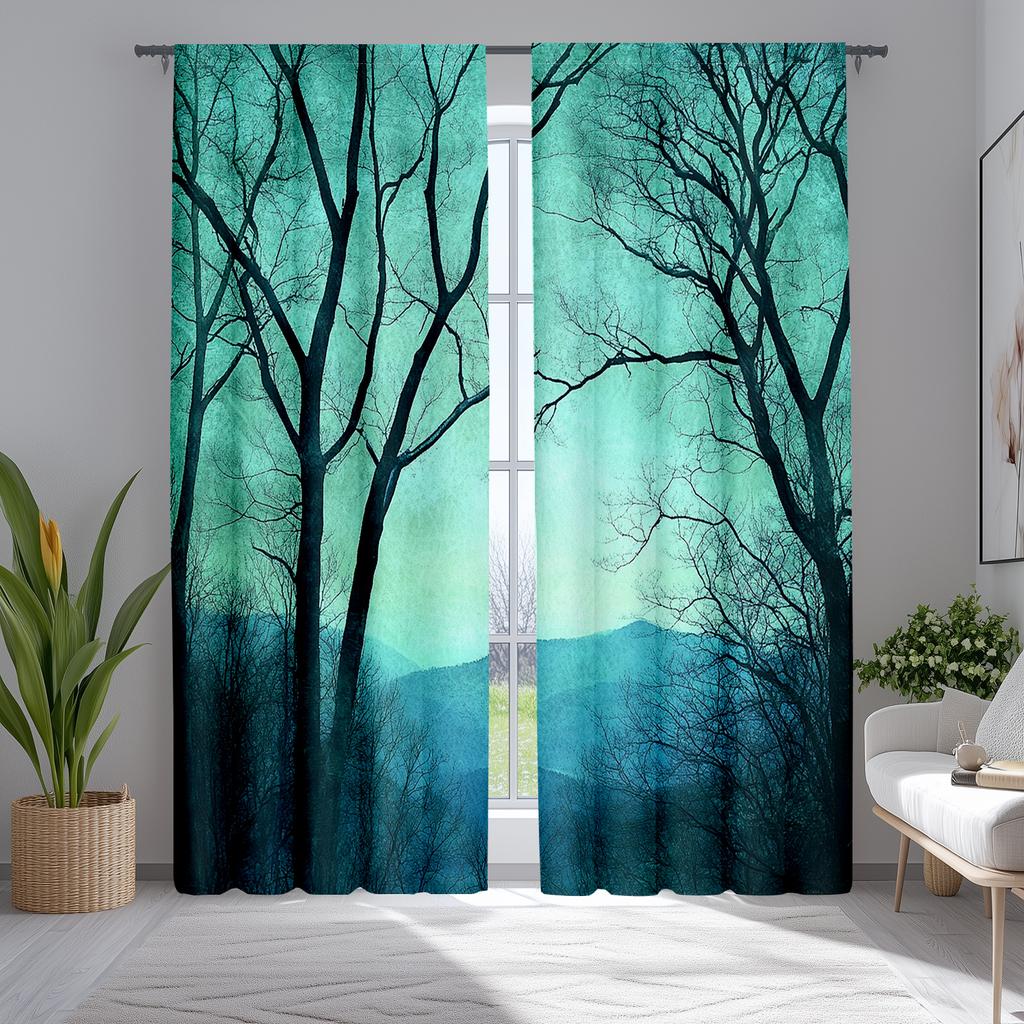 2pcs Forest Woodland Curtains with Summer Foliage Trees & Sun Rays Design, Scenic Polyester Window Drapes for Living Room & Bedr