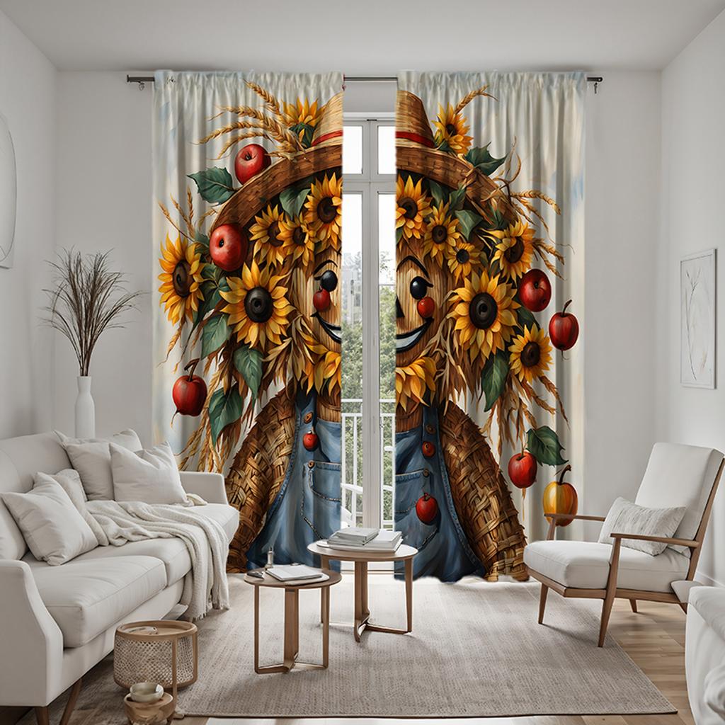 2pcs Set HD Thanksgiving Garland Scarecrow Decorative Curtain Yellow Tie Digital Printed Curtain Home Decor Style Decorative