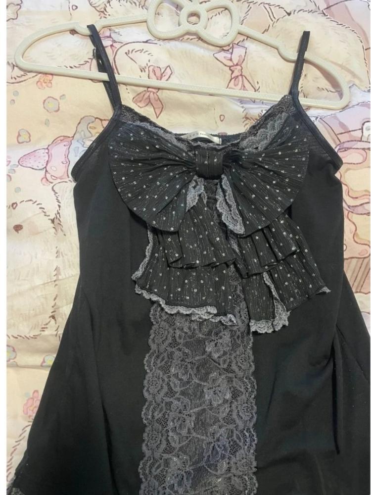 Summer France Bow Vintage Slim Sling Tops Women Casual Sweet Sleeveless Off Shoulder Vest Hot Girl Y2k Patchwork Lace Sexy Top