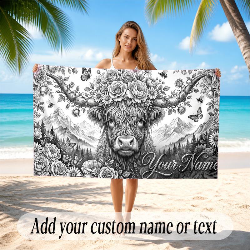 Highland Cow Theme Quick Dry Beach Towel Custom Name Text Print Large Sand Resistant Towel Beach Vacation