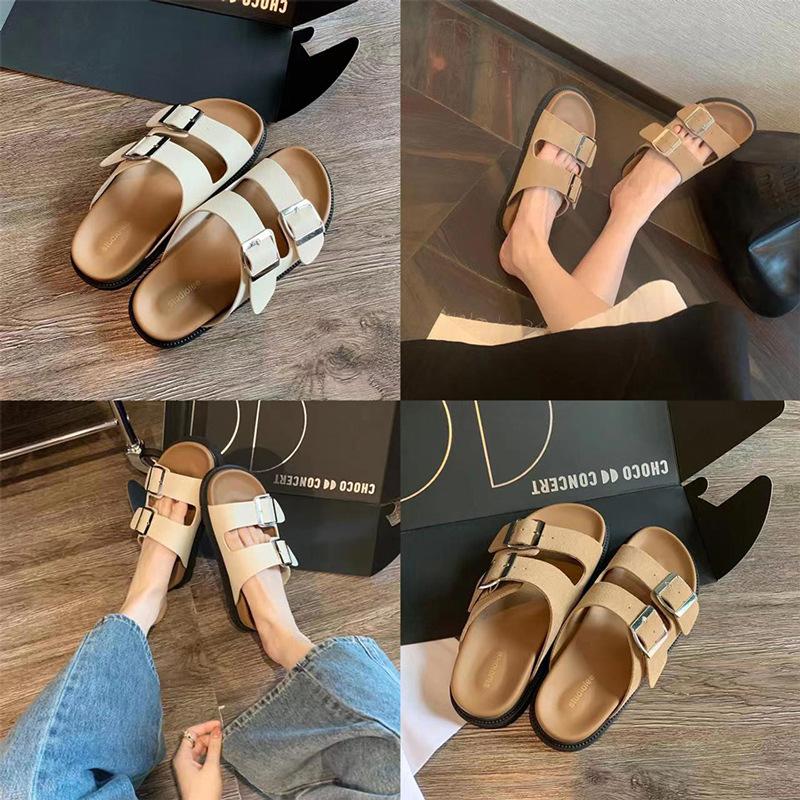 Leather Boken slippers women's sandals outside Texas holiday~ retro thick-soled double buckle with soft bottom stepping on shit slippers