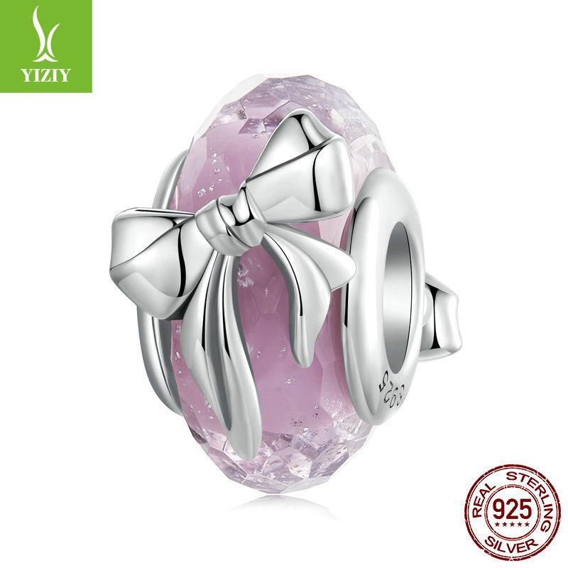 Romantic Pink Bow Diy Bracelet Beaded Accessories, Sweet Girl Heart S925 Sterling Silver Glazed Beads