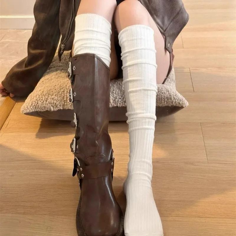 

New Autumn Winter Stockings Fashion Pure Cotton Knee High Socks Solid Color Keep Warm Calf Socks Foot Warmers Stockings One Size белый