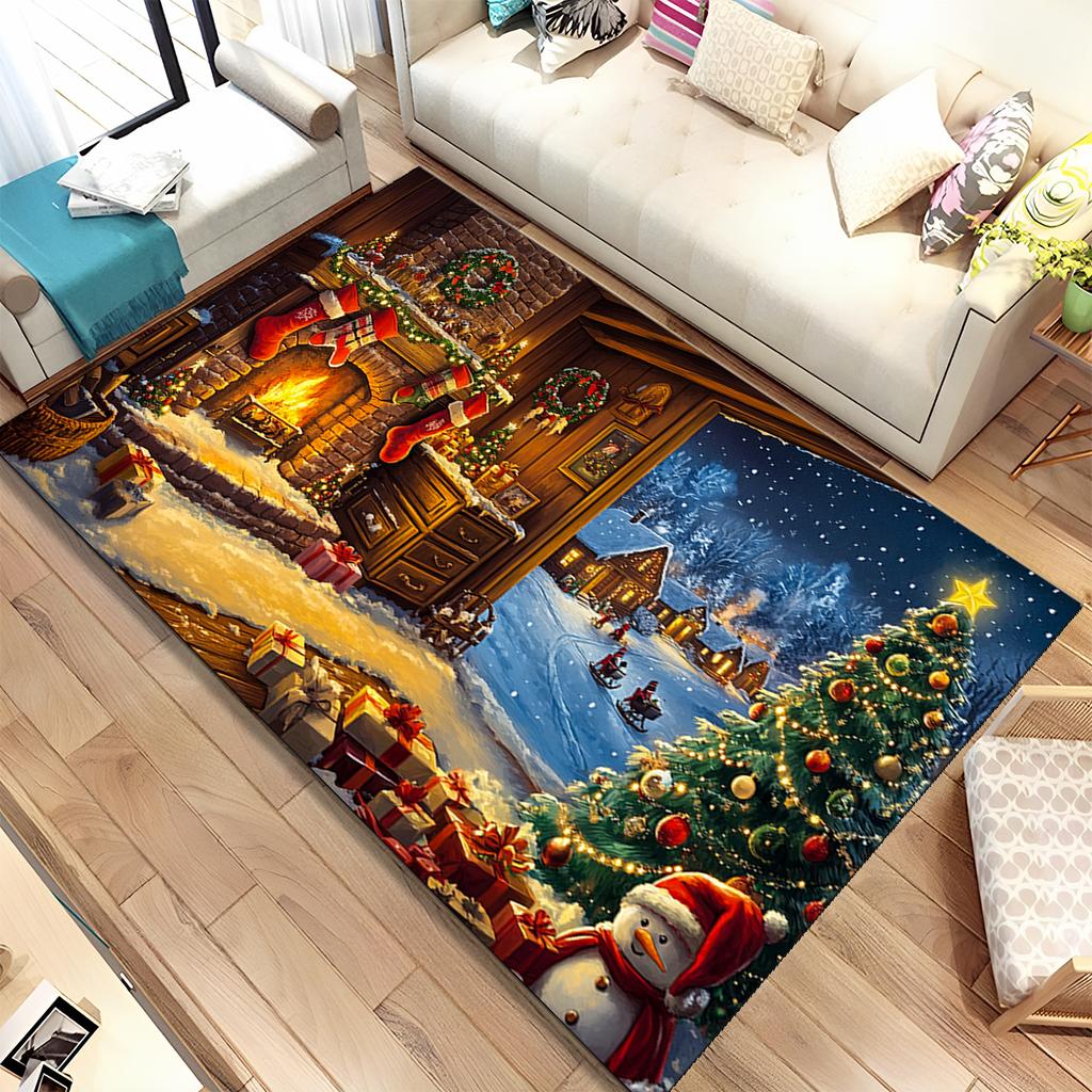 Cute Santa Claus Cartoon Merry Christmas Tree Festival Gift Carpet Rug for Living Room Bedroom Home Sofa Decoration,Non-slip
