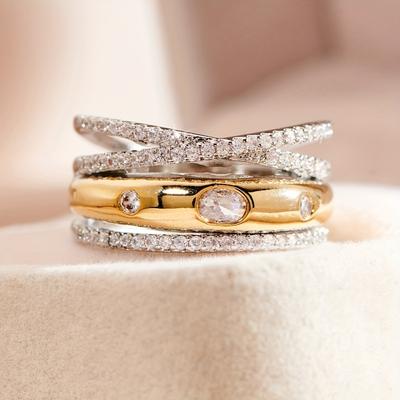 Bague Croisée Huajie pour Femme Entièrement Pavée Zirconia Brillant Bicolore Lumière Luxe Délicate Créativité Dame Tendance