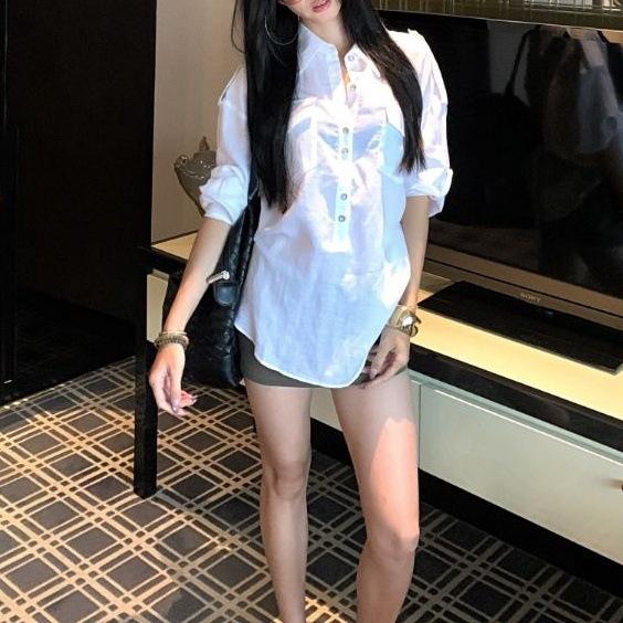 White polo collar long-sleeved shirt women's 2026 summer new loose shirt niche casual cardigan top set