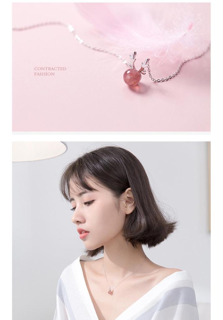 S925 Sterling Silver Antler & Strawberry Crystal Necklace for Women - Fresh, Cute, Simple Clavicle Chain