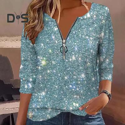 Women Shirt Round Neck Zipper Half Placket Long Sleeve Pullover Tops Sparkling Sequins Regular Fit Tops