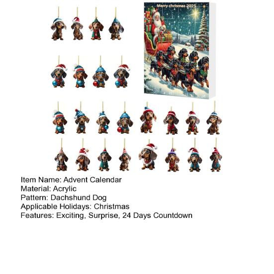 Vánoční adventní kalendář Jezevčík 2025 Odpočítávání 24 dní do Vánoc Dekorace Sběratelská 2D akrylová závěsná sada s přívěsky psa na domácí dekoraci