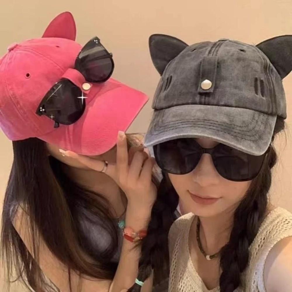 Cute Cat Ears Baseball Cap Breathable Duck Tongue Cap Fashion Sunshade Cap with Sunglasses  Travel